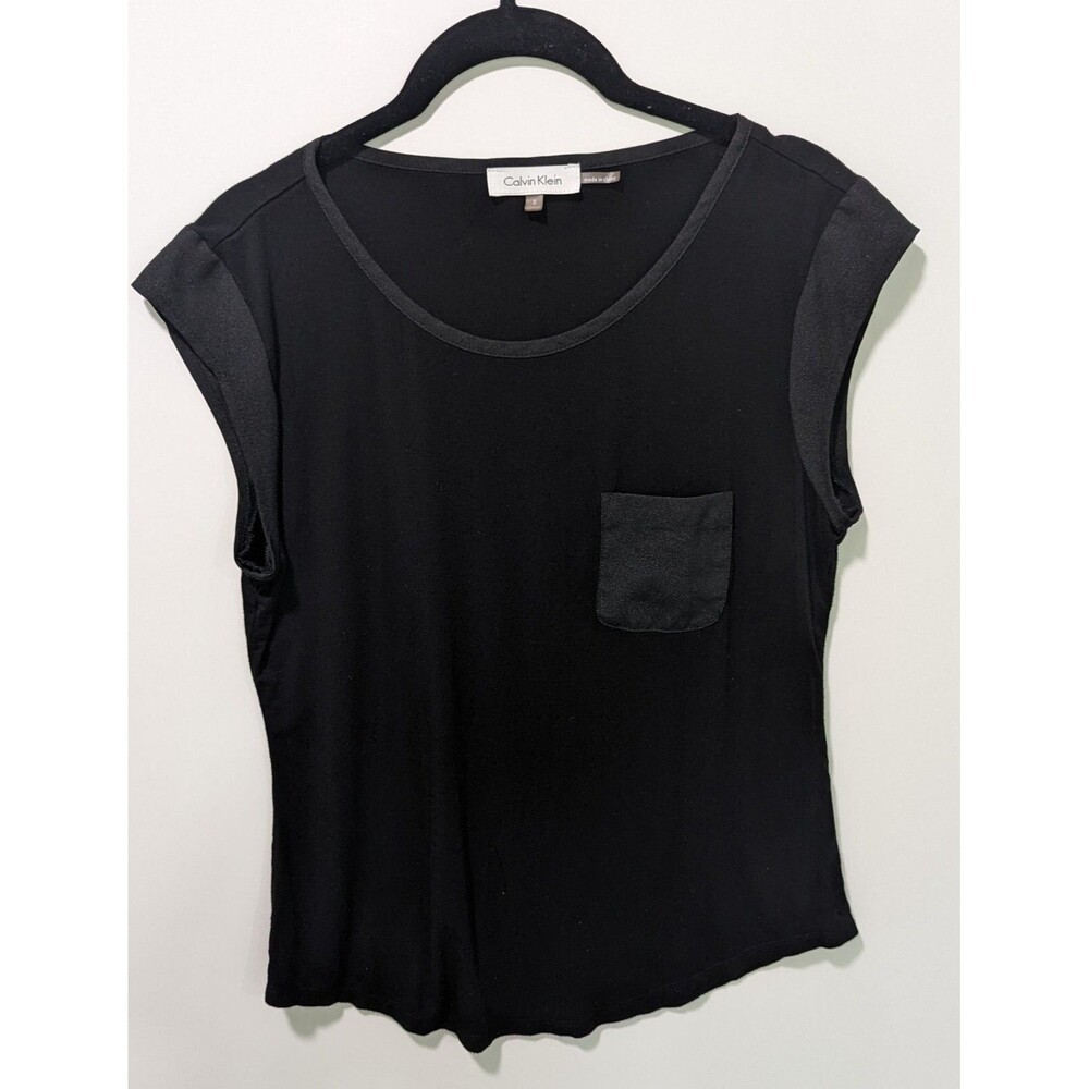 CALVIN KLEIN Short Sleeve Pocket Top Tee Shirt Size Small Black Women's Rayon